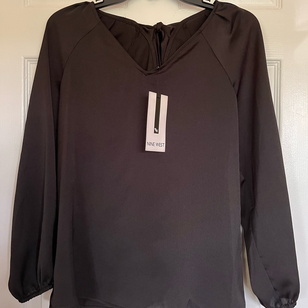 Nine West Women's Long Sleeve V-Neck Bow Back Blouse Black Size M